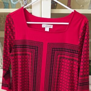 Christopher & Banks Red Geo-Print Square Neck Long Sleeve Top